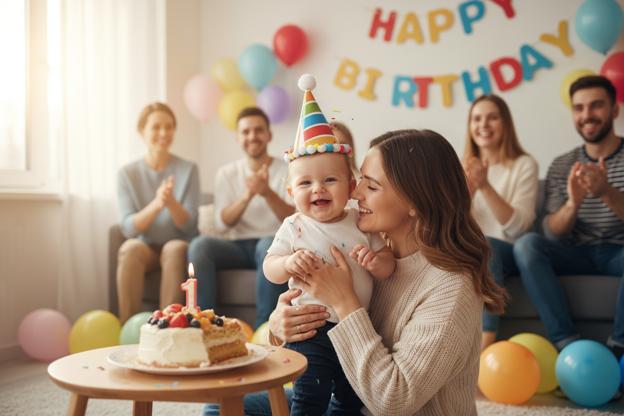 생일 꼬깔모자를 쓴 1 살 아기를 안고 있는 미국 엄마