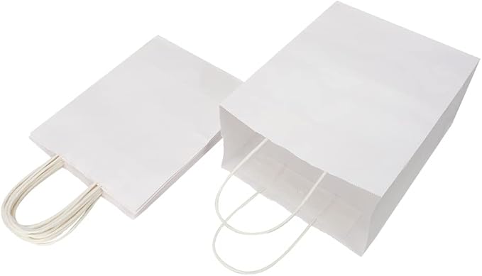 Oikss 50 Pack 8x4.75x10 Inch Medium White Kraft Paper Bags with Handles Bulk for Birthday Wedding Party Favors Grocery Retail Shopping Takeout Business Goody Craft Gift Bags Sacks, 50 Count
