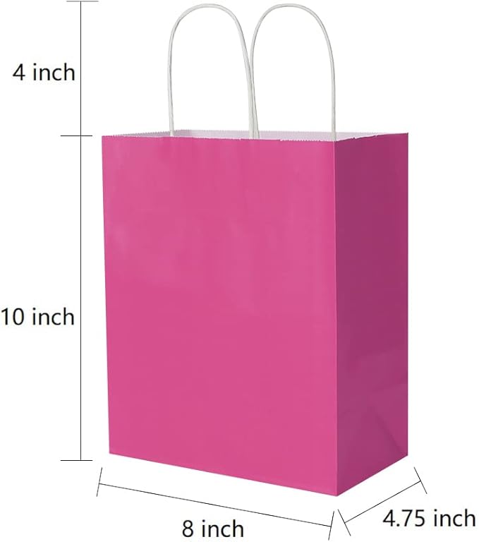 Oikss 50 Pack 8x4.75x10 Inch Medium Hot Pink Kraft Paper Bags with Handles Bulk for Birthday Wedding Party Favors Grocery Retail Shopping Business Goody Craft Gift Bags Sacks (Fuchsia 50pcs Count)
