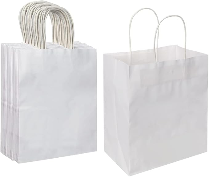 Oikss 50 Pack 8x4.75x10 Inch Medium White Kraft Paper Bags with Handles Bulk for Birthday Wedding Party Favors Grocery Retail Shopping Takeout Business Goody Craft Gift Bags Sacks, 50 Count
