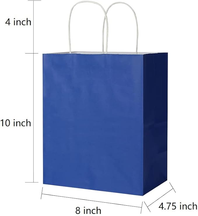 Oikss 50 Pack 8x4.75x10 Inch Medium Royal Blue Kraft Paper Bags with Handles Bulk for Birthday Wedding Party Favors Grocery Retail Shopping Takeout Business Goody Craft Gift Bags Sacks, (50pcs Count)