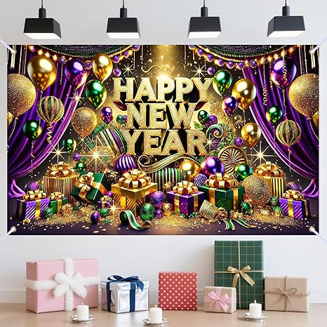 Nuxovilar Happy New Year Banner, Purple Drape Golden Ornaments Backdrop for Party Decorations, 71x43 Inch