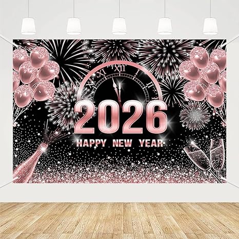 MEHOFOND 7x5ft Rose Gold 2026 Happy New Year Backdrop Cheers to 2026 New Year Eve Glitter Photography Background Hello 2026 Party Champagne Balloon Fireworks Decor Banner Cake Smash Photo Props