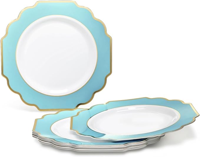 OCCASIONS 720 Pcs set (120 guest) Wedding Disposable Plastic Plate and Silverware Combo 10.5" + 8" + Silverware (Double Fork) (Imperial in White/Aqua & Gold Rim, Gold Silverware)