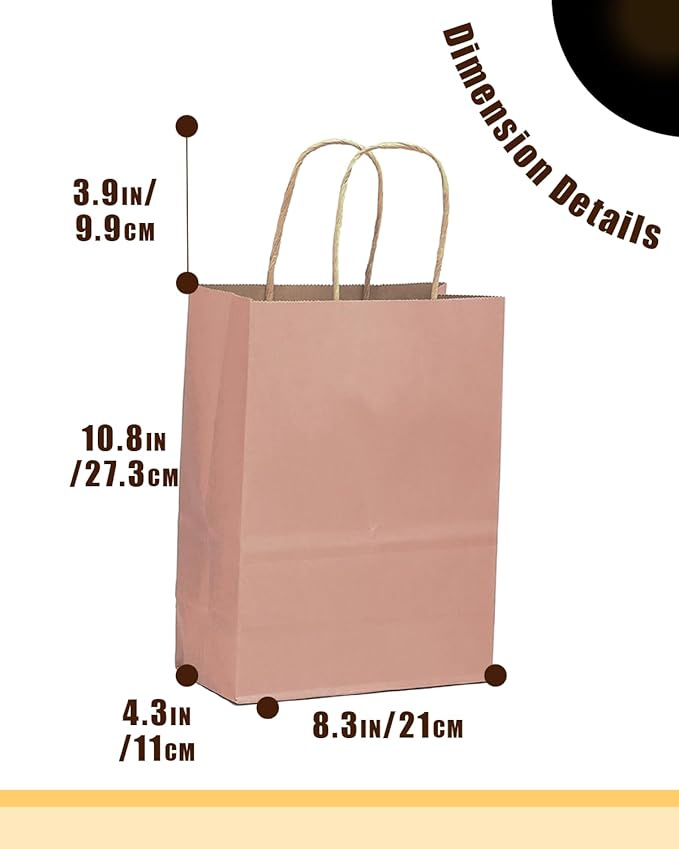 qiqee 100PCS Gift Bag with Handles Bulk Dusty Pink Paper Bags Multiple Uses (11"x5"x8" Medium Size)