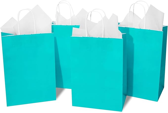 DjinnGlory 24 Pack Medium Size Teal Blue Paper Gift Bags with Handles 10x8x4 Inch and 24 Tissue Paper for Birthday Wedding Baby Bridal Shower Party Favors, Merchandise Shopping Bags
