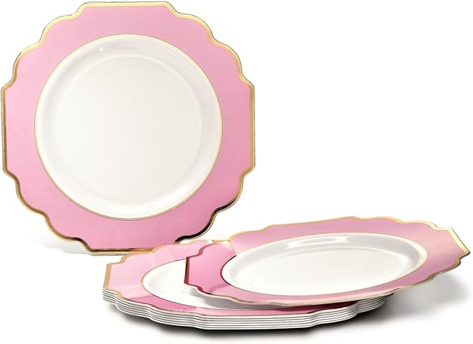 " OCCASIONS " 150 Piece set (25 Guests)-Wedding Plastic Plates & cutlery -Disposable heavyweight Dinnerware 10.5'', 8'' + Silverware w/double fork (Imperial in Rose Pink & Gold)
