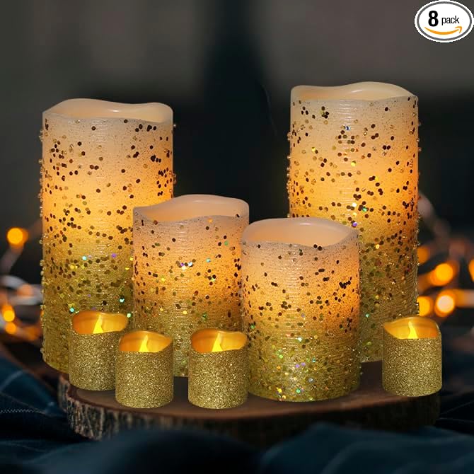 FURORA LIGHTING Gold Glitter LED Candles with Remote and Timer, 4 Pillars and 4 Votives Pack of 8, Real Wax Flameless Flickering Candles for Home Décor, Battery Included