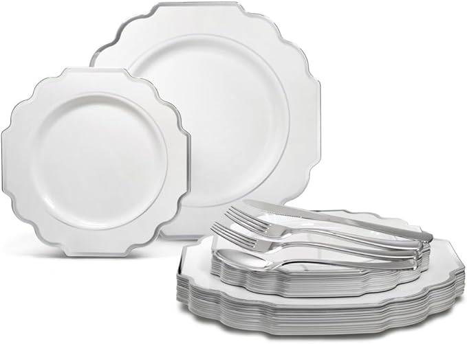 " OCCASIONS " 150 Piece set (25 Guests)-Wedding Plastic Plates & cutlery -Disposable heavyweight Dinnerware 10.5'', 8'' + Silverware w/double fork (Imperial in White & Silver Rim)