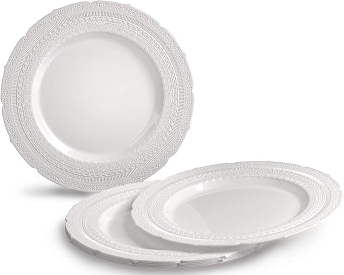 " OCCASIONS " 120 Plates Pack,(60 Guests) Extra Heavyweight Vintage Wedding Disposable/Reusable Plastic Plates 60 x 11'' Dinner + 60 x 8.25'' Salad/Dessert Plate (Chateau White)