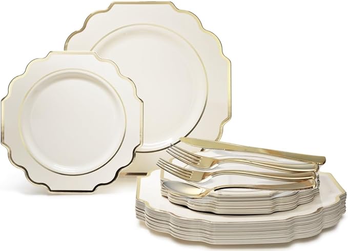 OCCASIONS 360 Pcs set (60 guest) Wedding Disposable Plastic Plate and Silverware Combo 10.5" + 8" + Silverware (Double Fork) (Imperial in Ivory & Gold Rim, Gold Silverware)