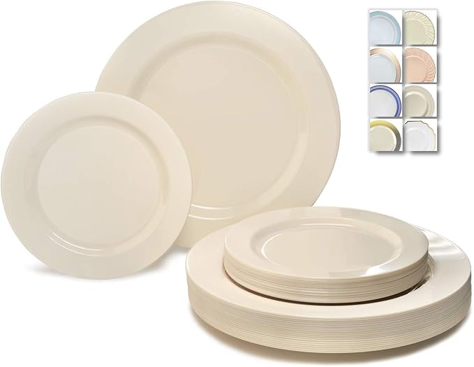 " OCCASIONS " 120 Plates Pack,(60 Guests) Heavyweight Premium Wedding Party Disposable Plastic Plates Set -60 x 10.5'' Dinner + 60 x 7.5'' Salad / Dessert (Plain Ivory)