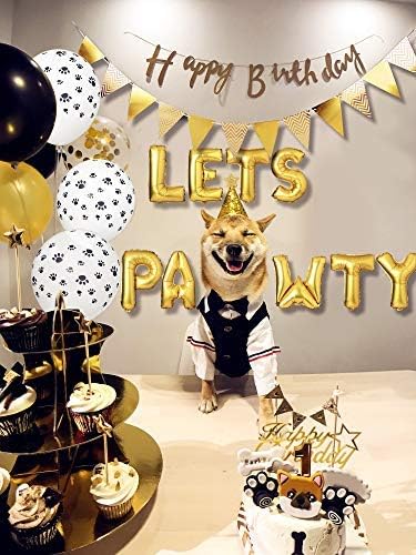 Legendog Golden Dog Paw Print Balloons Cat Birthday Hat Happy Birthday Banner Foil Balloons Lets Pawty Letters Decorations (Includes Filling Pump)