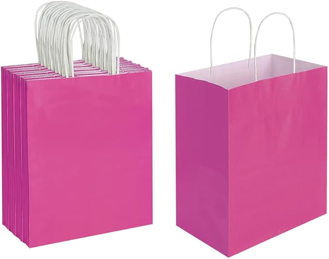 Oikss 50 Pack 8x4.75x10 Inch Medium Hot Pink Kraft Paper Bags with Handles Bulk for Birthday Wedding Party Favors Grocery Retail Shopping Business Goody Craft Gift Bags Sacks (Fuchsia 50pcs Count)