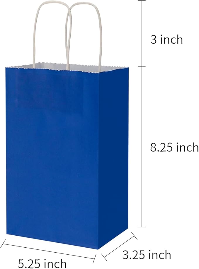 100 Pack 5.25x3.25x8.25 Inch Small Royal Blue Kraft Paper Bags with Handles Bulk, Toovip Gift Wrap Bags for Favor Grocery Retail Party Birthday Shopping Business Goody Craft Merchandise Take Out Sacks