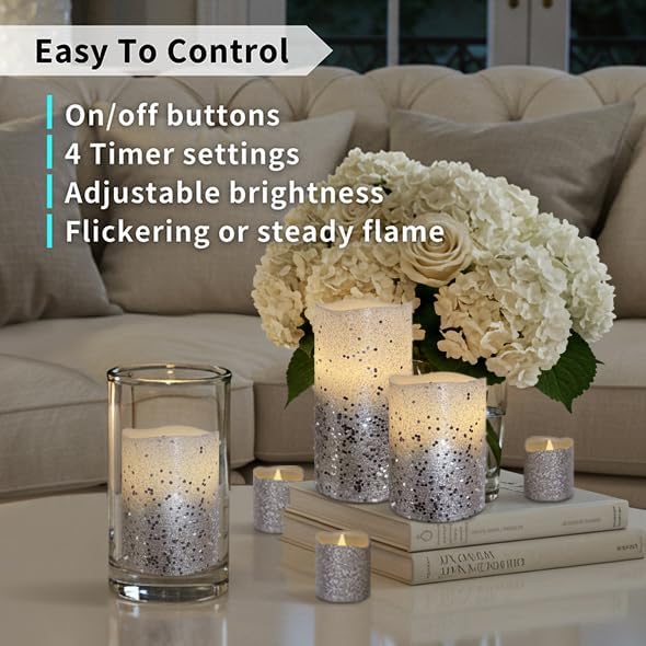 FURORA LIGHTING Silver Glitter LED Candles with Remote and Timer, 4 Pillars and 4 Votives Pack of 8, Real Wax Flameless Flickering Candles for Home Décor, Battery Included