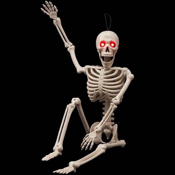 JOYIN 24 Inch Halloween Posable Skeleton with LED Red Glowing Eyes, 2FT Realistic Hanging Skeleton Bone Full Body Movable Joints for Halloween Indoor Outdoor Decoration Prop, Haunted House Party Decor