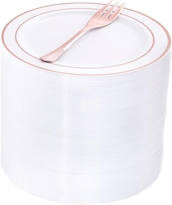 WELLIFE 240 Pieces Rose Gold Plastic Dessert Plates with Disposable Forks, Includes 120 Pcs Appetizers Plates 6.3 inch, 120 Pcs Rose Gold Forks, Perfect for Party and Weddings