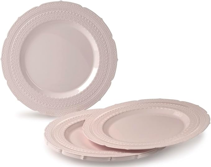 " OCCASIONS " 120 Plates Pack,(60 Guests) Extra Heavyweight Vintage Wedding Disposable/Reusable Plastic Plates 60x11'' Dinner+60 x 8.25'' Salad/Dessert Plate (Chateau Blush Pink)