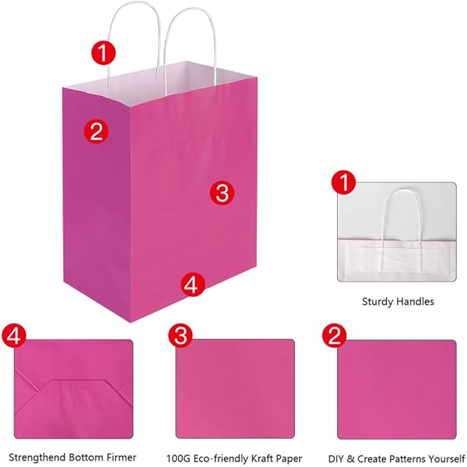 Oikss 50 Pack 8x4.75x10 Inch Medium Hot Pink Kraft Paper Bags with Handles Bulk for Birthday Wedding Party Favors Grocery Retail Shopping Business Goody Craft Gift Bags Sacks (Fuchsia 50pcs Count)