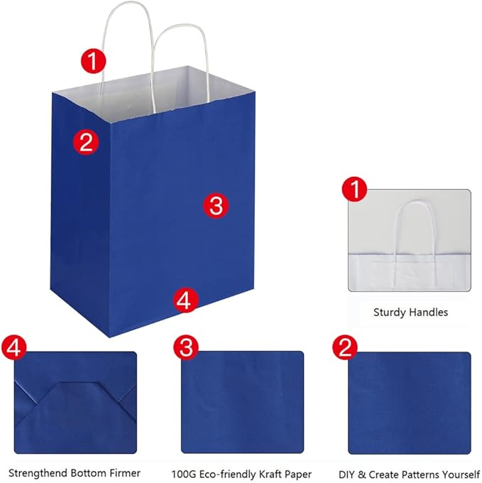 Oikss 50 Pack 8x4.75x10 Inch Medium Royal Blue Kraft Paper Bags with Handles Bulk for Birthday Wedding Party Favors Grocery Retail Shopping Takeout Business Goody Craft Gift Bags Sacks, (50pcs Count)