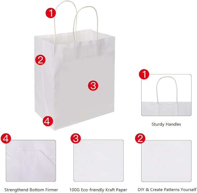 Oikss 50 Pack 8x4.75x10 Inch Medium White Kraft Paper Bags with Handles Bulk for Birthday Wedding Party Favors Grocery Retail Shopping Takeout Business Goody Craft Gift Bags Sacks, 50 Count