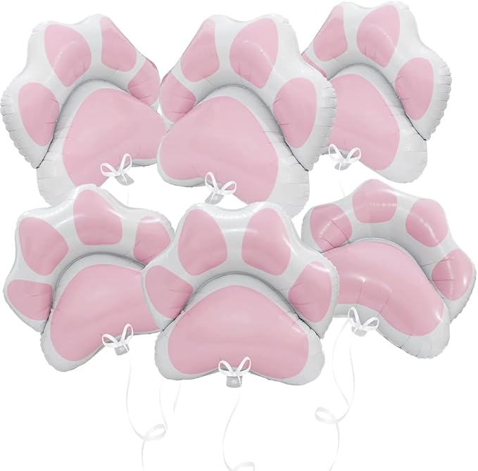 27'' Pink Dog Paw Shaped Balloons - 6 Pack Puppy Dog Paws Printed Helium Aluminum Mylar Foil Balloons for Pets Party, Baby Shower & Doggy Puppy Birthday Party Decorations