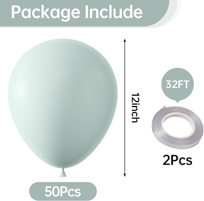 KALOR 12 Inch Pastel Green Balloons, 50 Pcs Latex Helium Macaron Balloons for Kid's Birthday Party, Baby Shower, Wedding, Graduate Party Decorations