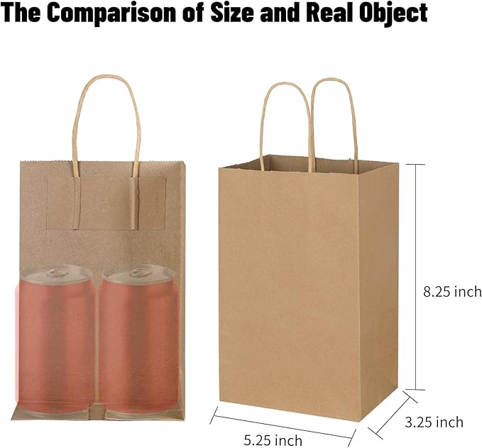 Toovip 100 Pack 5.25x3.25x8.25 Inch Small Plain Brown Kraft Paper Bags with Handles Bulk, Gift Bags for Favor Grocery Retail Party Birthday Shopping Business Goody Craft Merchandise Take Out Sacks