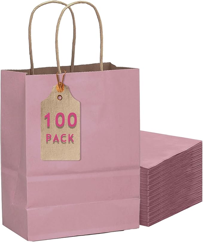 qiqee 100PCS Gift Bag with Handles Bulk Pink Purple Paper Bags Multiple Uses (11"x5"x8" Medium Size)