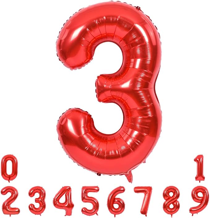 TONIFUL 40 Inch Red Large Numbers Balloons 0-9, Number 3 Digital 3 HeliumFoil Mylar Big Number Balloons for 2026 New Year Eve Graduation Valentine's Day Birthday Party Anniversary Party Decoration
