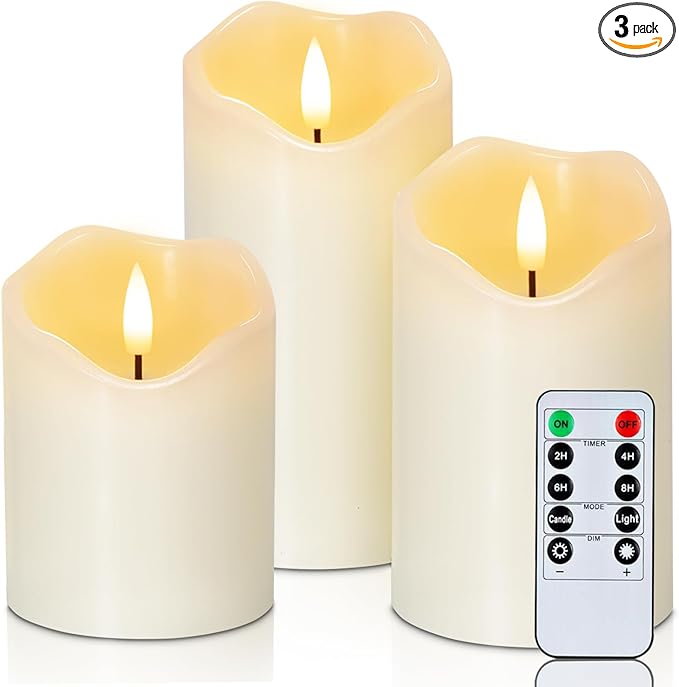 Homemory Flickering Flameless Candles, Realistic LED Candles with Remote and Timer, Real Wax Battery Operated Candles, Set of 3, Ivory