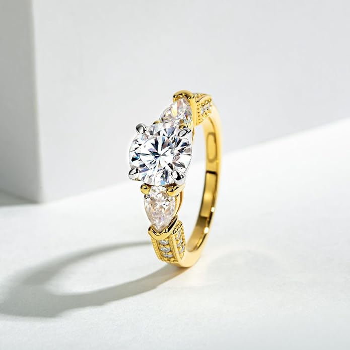 Idocare 3CT/5CT Moissanite Engagement 3 Stone Rings D Color VVS1 Round Cut 14K Yellow Gold Plated 925 Sterling Silver Promise Anniversary Rings for Women