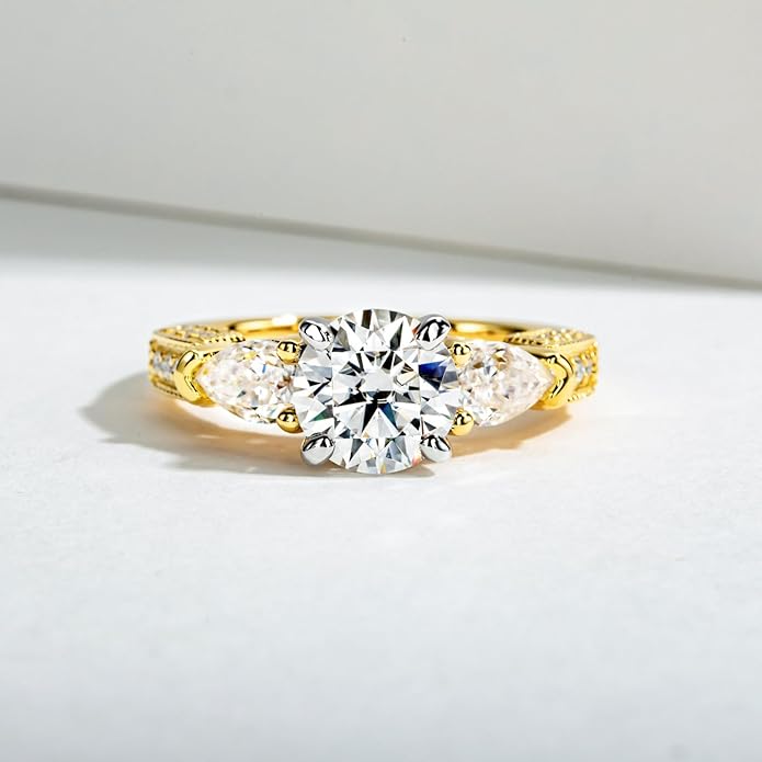 Idocare 3CT/5CT Moissanite Engagement 3 Stone Rings D Color VVS1 Round Cut 14K Yellow Gold Plated 925 Sterling Silver Promise Anniversary Rings for Women