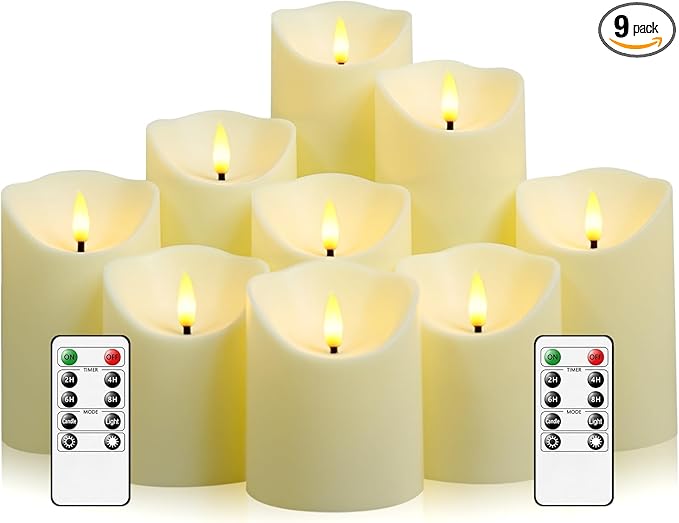 Flameless Candles with Remote Timer, Battery Operated Realistic Flickering LED Candles, 9 Packs Fake Candles for Home Decor (D3 x H 3" 4" 5" 6" 7") (Ivory)