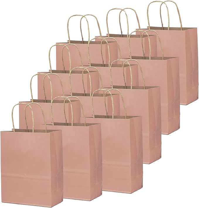 qiqee 100PCS Gift Bag with Handles Bulk Dusty Pink Paper Bags Multiple Uses (11"x5"x8" Medium Size)