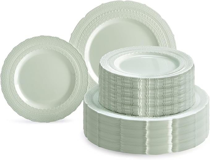 " OCCASIONS " 120 Plates Pack,(60 Guests) Extra Heavyweight Vintage Wedding Disposable/Reusable Plastic Plates 60 x 11'' Dinner + 60 x 8.25'' Salad/Dessert Plate (Chateau in Mint)