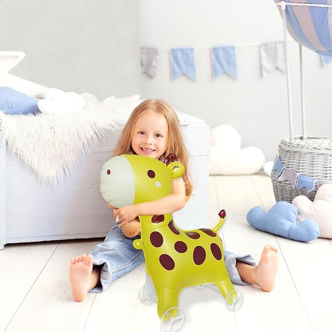 Walking Giraffes Foil Balloons With Wheels Self Standing large Giraffes animal balloon Cute Giraffe Mylar Balloons for Jungle Safari baby Shower Animal Theme Birthday Party Decorations Supplies