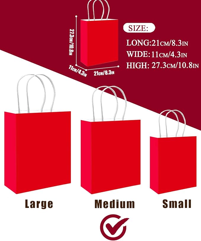qiqee 100PCS Gift Bag with Handles Bulk Red Paper Bags Multiple Uses (11"x5"x8"inch Medium Size)