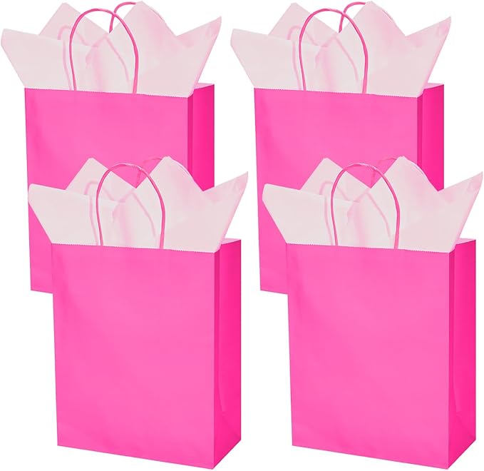 DjinnGlory 50 Pack Medium Size Hot Pink Paper Gift Bags with Handles 10x8x4 Inch and 50 Pink Tissue Paper for Mother's Day Business Birthday Wedding Bridal Baby Shower Party Favors Goodies