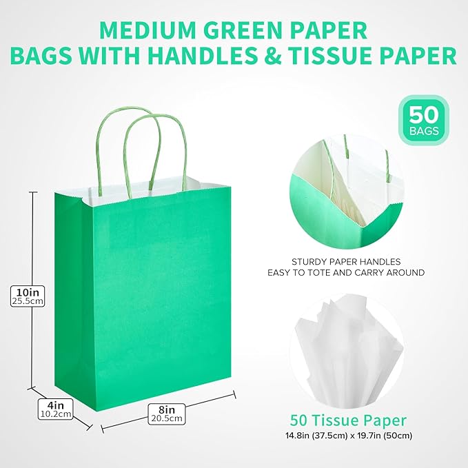 DjinnGlory 50 Pack Medium Size 10''x8''x4'' Green Paper Bags with Handles Bulk and 50 White Tissue Paper for Boutiques, Party Favors Treats Goodies, Christmas Gifts