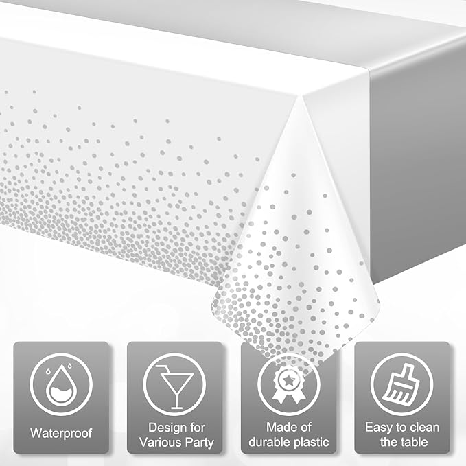 MASHAN 6Pcs White and Silver Polka Dot Plastic Tablecloth, 54x108 Inch, Rectangular, Waterproof, Spill-proof, Stain Resistant, Ideal for Various Themed Parties, 6 Count