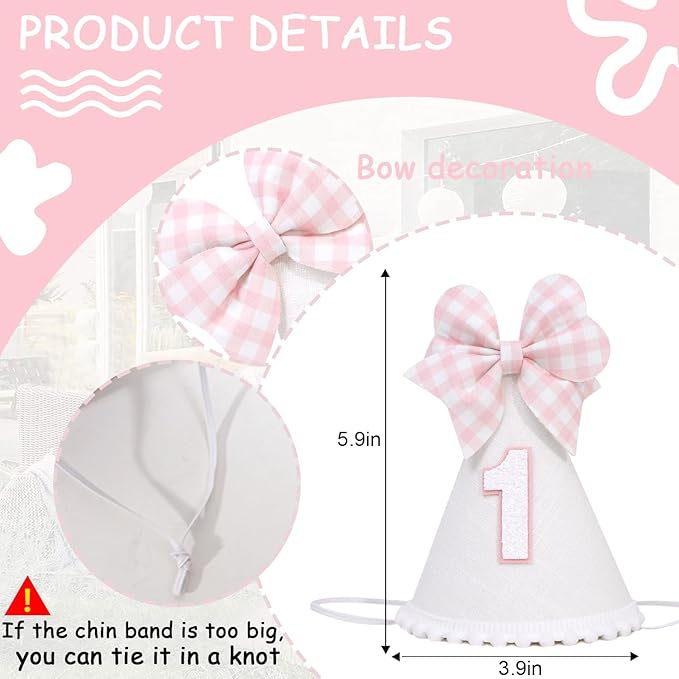Pink Bow 1st Birthday Hat for Girls - Pink and White Theme First Brithday Decorations, Sweet One Theme Party Hat, Baby Girl Bday Decor (1st birthday hat)