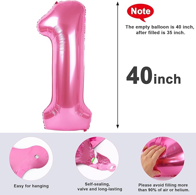 Number Balloons 1, 40 Inch Ballons for Girl Boy 1st 1 11 21 Birthday Decorations Baby Shower Photo Shoot, Pink One Balloons