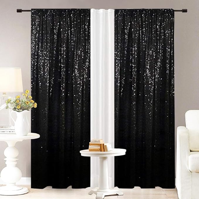 Eternal Beauty Sequin Backdrop Curtains, 2x8 Ft-2 Panels Black Back Drop for Shimmer Photography Party Wedding Birthday Decor