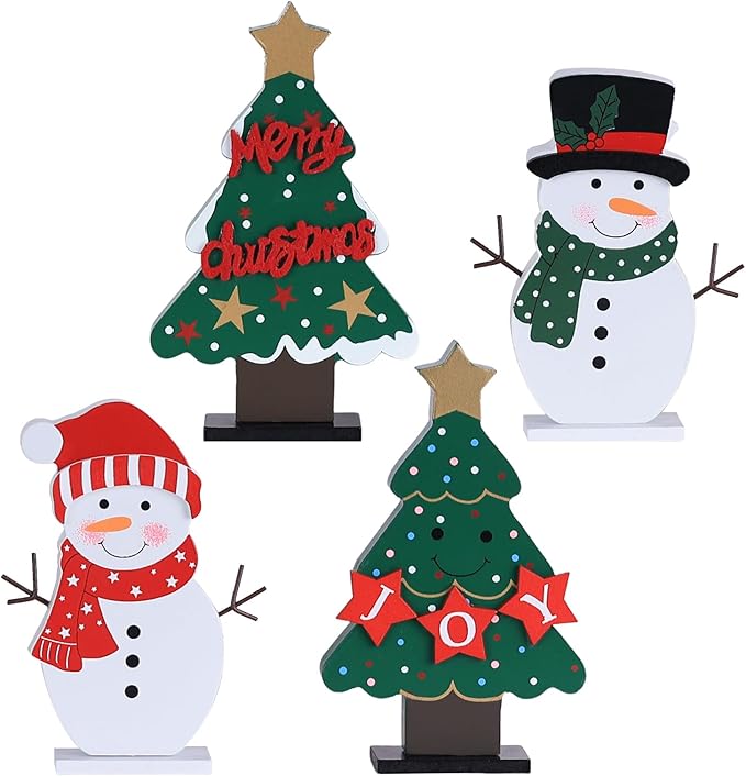 DECSPAS Christmas Decorations Indoor, 4 PCS Wood Christmas Trees & Snowmen for Centerpiece Table Decorations, Wooden Tiered Tray for Xmas Decor, Home, Winter, Tabletop, Mantel, Shelf, Fireplace, Gifts