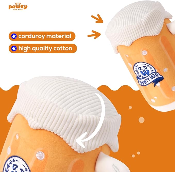 Pawty Beer Plush Dog Toy - Cute Unique Dog Parody Toy with Squeaker - Funny Alcohol Dog Toy - Gift for Puppy Birthday - Chew Toy for Small Medium Dog