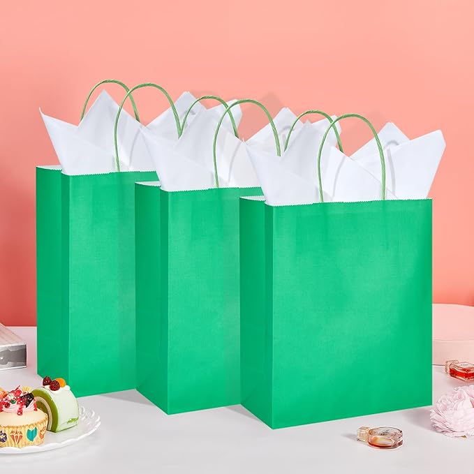 DjinnGlory 50 Pack Medium Size 10''x8''x4'' Green Paper Bags with Handles Bulk and 50 White Tissue Paper for Boutiques, Party Favors Treats Goodies, Christmas Gifts