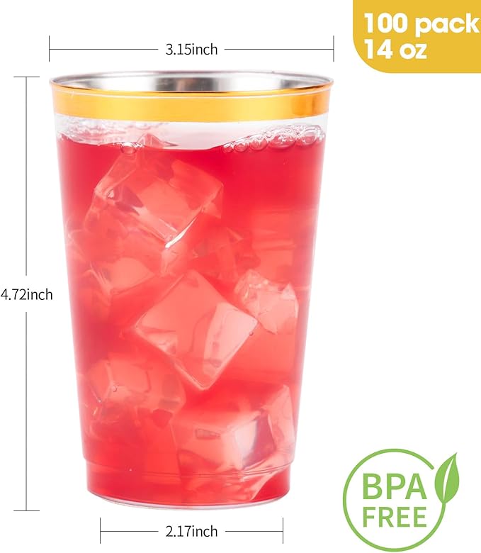 Goodluck 100PCS 14oz Gold Plastic Cups for Party, Disposable Gold Rim Cups, Plastic Cocktail Glasses for Wedding Thanksgiving, Christmas, and Parties