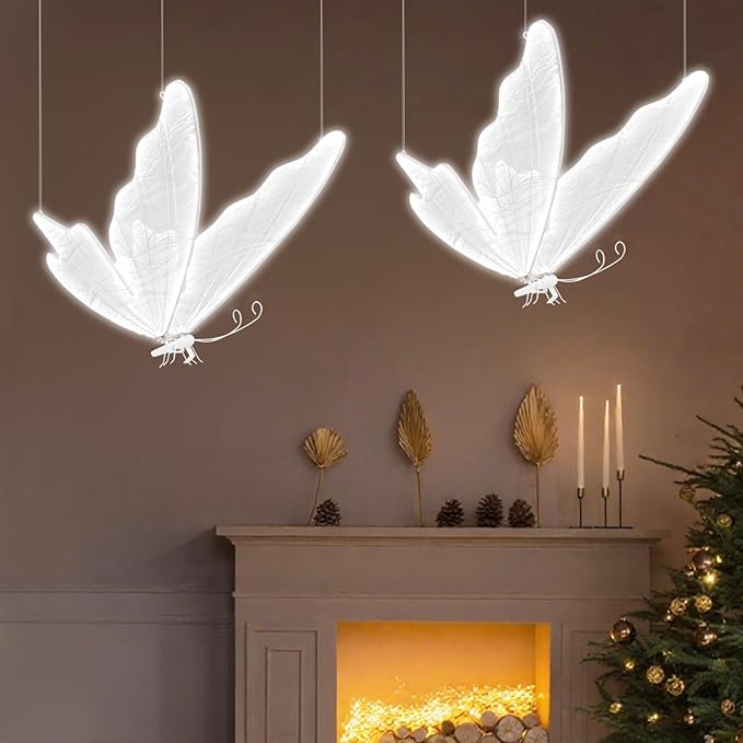 Wedding Butterfly Floor Lamp Creative Ceiling Lamp Butterfly Hanging Decoration, Romantic Hanging Decoration for Wedding, Christmas (White+White Light, 31.5in-2PCS)